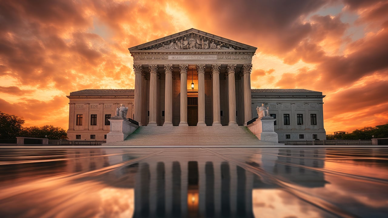 Supreme Court over a red sky