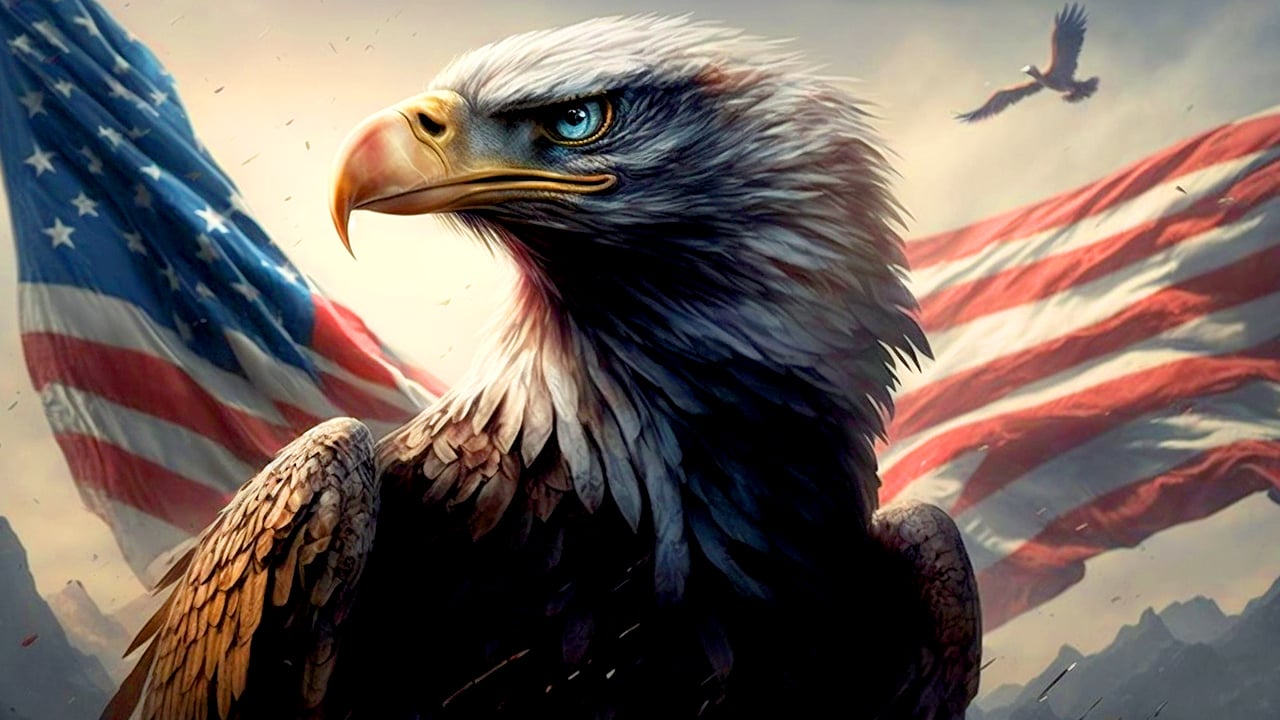 American Eagle over American Flag